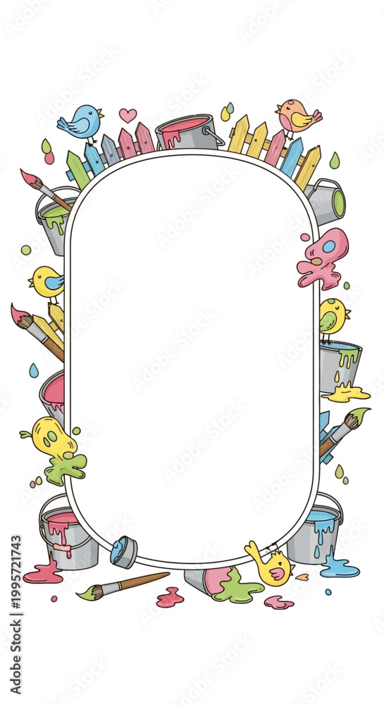 Obraz premium Colorful artistic frame with paint buckets, brushes, and splashes.