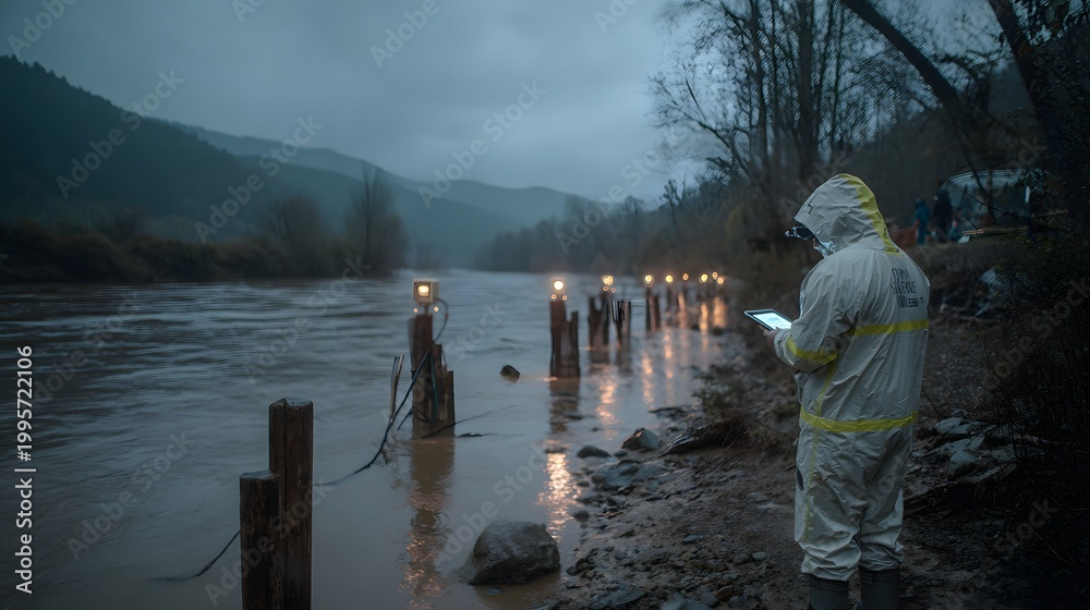 Naklejka premium IoT-enabled flood monitoring system shows weatherproof sensors on posts with technician viewing updates.