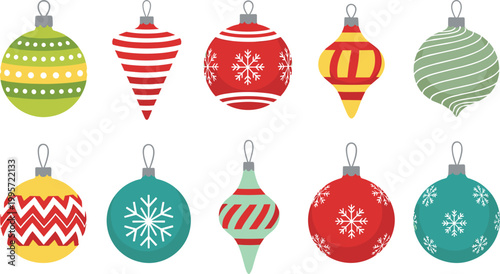 Set of colorful Christmas ornament vector illustrations with festive patterns and snowflakes for holiday and decoration designs