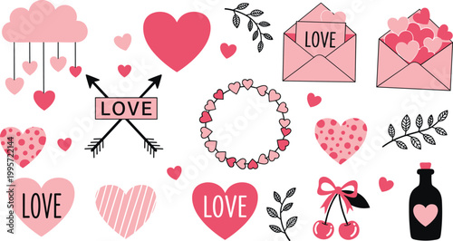 Set of love-themed vector illustrations with hearts, arrows, envelopes, and sweet symbols for romantic and Valentine’s Day designs