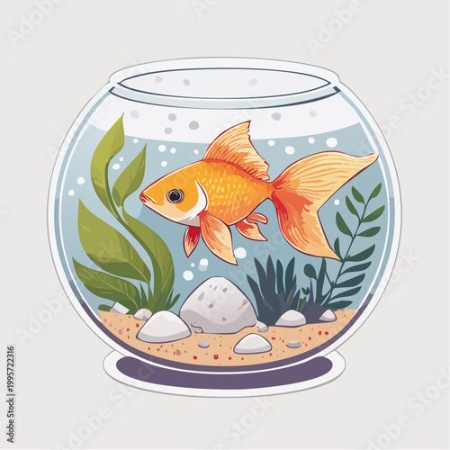 Goldfish swimming in a clear glass bowl with aquatic plants and pebbles