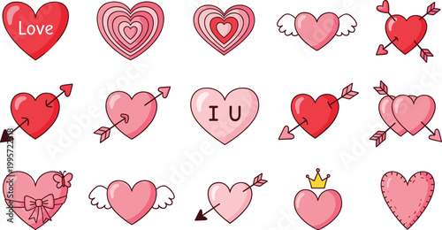 Set of heart vector illustrations with arrows, wings, and love symbols for romantic and Valentine’s Day designs