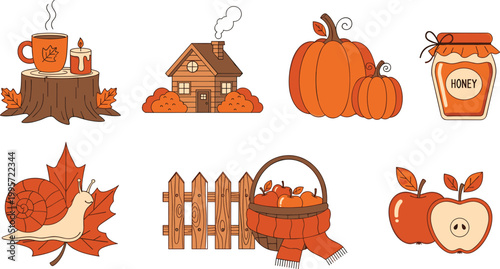 Set of cozy autumn vector illustrations including pumpkins, leaves, honey, apple, and fall decorations for seasonal designs