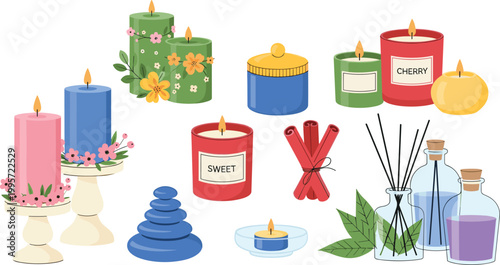 Set of decorative candle vector illustrations with floral designs, scented candles, and essential oil bottles for home decor