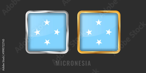 Professional square gold and silver labels featuring the Micronesian flag. High-quality emblems for local products, "Made in Micronesia" certification, and manufacturing origin.