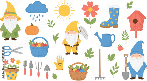 Set of gardening gnome vector illustrations with garden tools, plants, flowers, and outdoor elements for gardening and nature projects