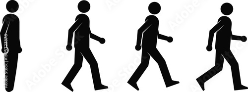 Walking human silhouette sequence showing step by step motion progression isolated on white background representing movement, animation cycle and gait phases