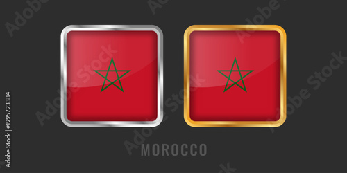 Professional square gold and silver labels featuring the flag of Morocco. High-quality emblems for local products, "Made in Morocco" certification, and manufacturing origin.