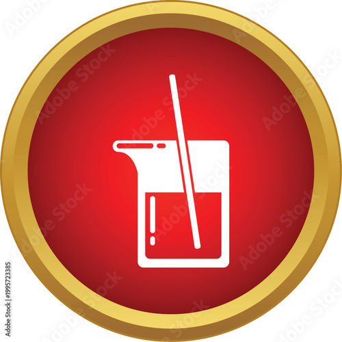 Beaker containing liquid and a stirring rod in a red circular icon