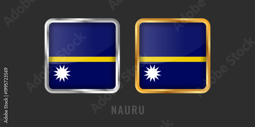 High-quality square gold and silver labels featuring the flag of Nauru. Professional metallic icons for Nauruan products, exports, and manufacturing origin certification.