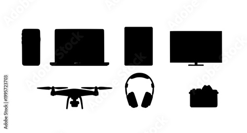 Modern tech devices silhouette collection smartphones laptops drones and accessories
