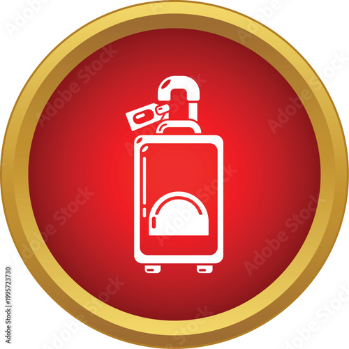 Travel suitcase with a handle and tag on a red circular button