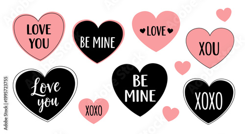 Pink and Black Hearts with Love Messages - Valentine's Day Graphics