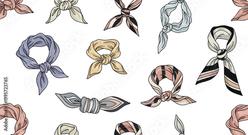 Seamless Pattern of Tied Scarves, Fashion Accessories, Hand-Drawn Style