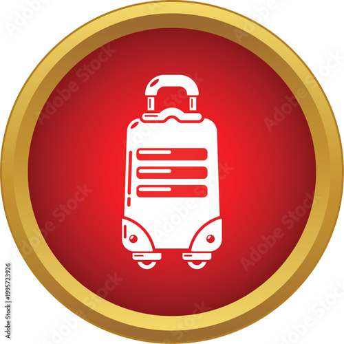 Suitcase with wheels symbolizing travel and vacation on a red button