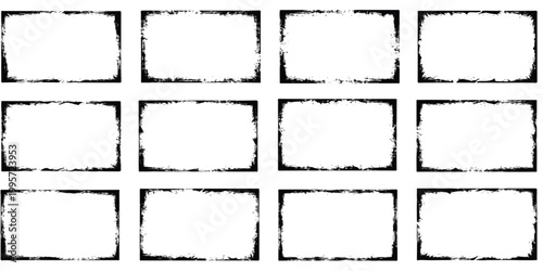 Set of black rectangular frames with distressed grunge edges and rough textures
