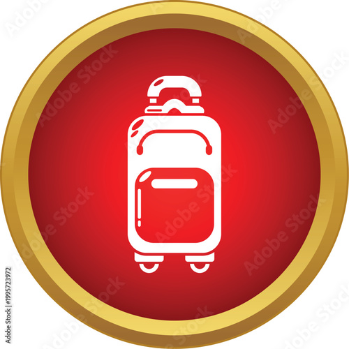 White rolling luggage icon on a red button with golden border representing travel