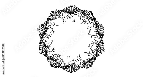 Intricate circular design of interlocking molecular structures in black and white