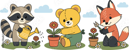 Cartoon vector illustration of animal gardening teamwork showing raccoon bear fox caring flowers with playful colorful nature design