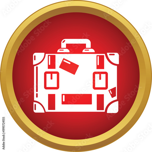 Suitcase icon with stickers symbolizing travel, trip, and baggage on a red background