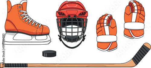 Vector Illustration of Ice Hockey Equipment Including Skates, Helmet, Gloves, Stick, and Puck for Sports Design Projects