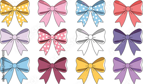 Cartoon vector illustration of decorative bow collection showing colorful polka dot ribbon fashion accessory and creative design