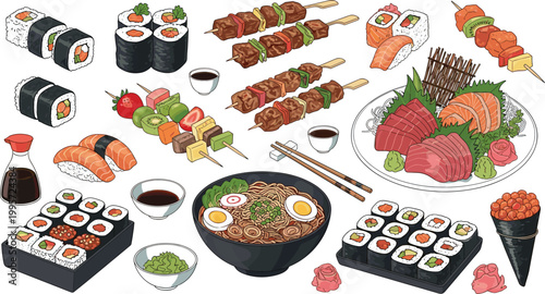Set of sushi, sashimi, and Japanese food vector illustrations including rolls, skewers, ramen, and dipping sauces