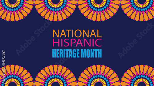 Hispanic Heritage Month. Vector web banner, poster, card for social media and networks. Greeting with national Hispanic heritage month text, Papel Picado pattern, perforated paper on black background