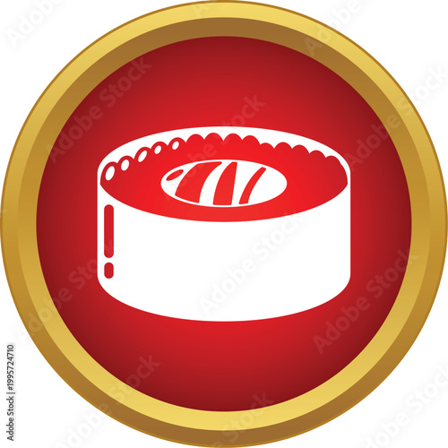 Sushi maki piece inside a red circle with gold border