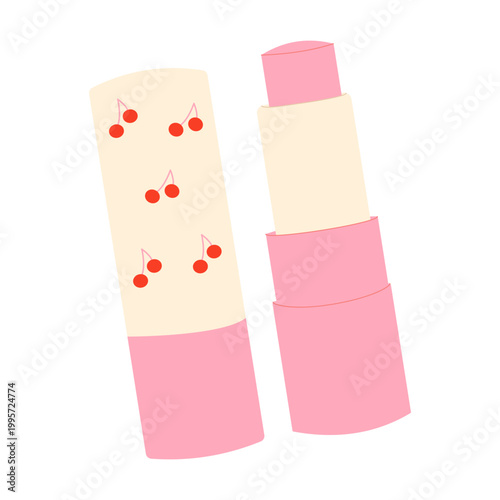 Pink lip balm or lipstick with cherry pattern on the cap, cute cosmetic and skincare vector illustration.