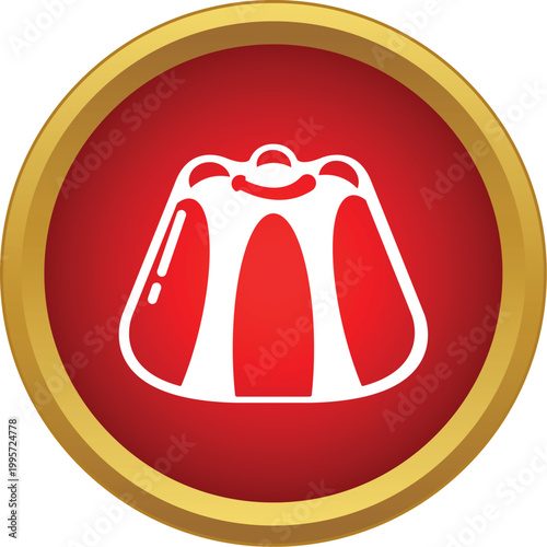 Gelatin dessert icon in a simple, flat style on a circular red and gold background