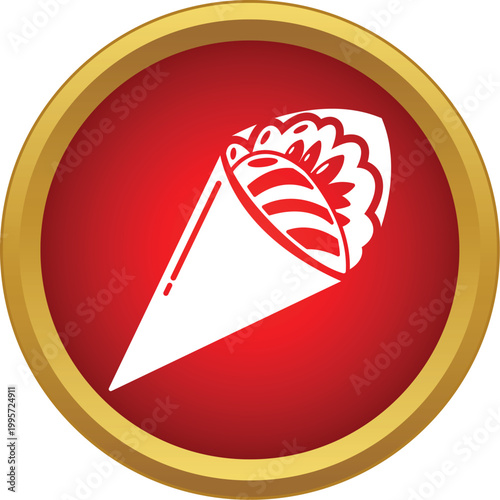 Temaki sushi cone with seafood filling in a red and gold circle icon