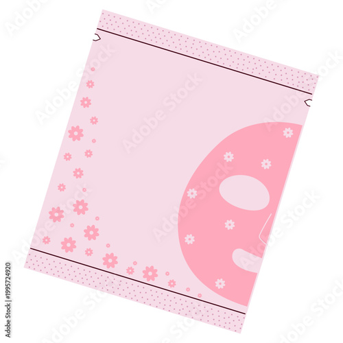 Pink sheet mask in sachet with floral pattern, facial skincare product vector illustration.