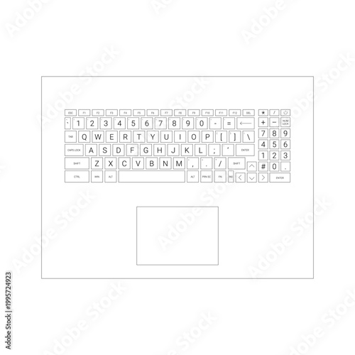 Black and white vector illustration of a laptop keyboard and touchpad layout with full key set, function keys, numeric keypad, and clean outline design. Isolated on a light background, suitable for co