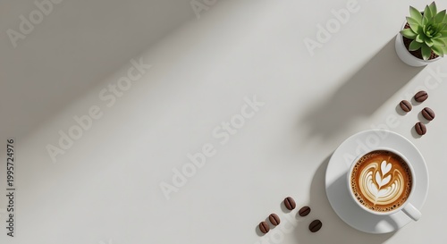 A warm cup of latte with art foam and coffee beans scattered on a light background with shadows