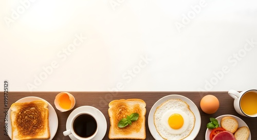 A Delicious and Nutritious Breakfast Spread Featuring Toasted Bread, Fried Eggs, and Coffee