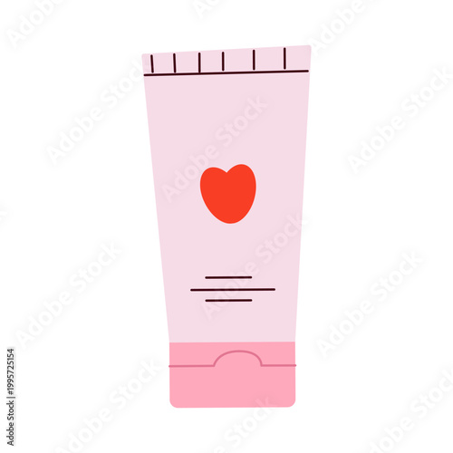 Cosmetic tube with heart logo, pink moisturizer or hand cream vector illustration.