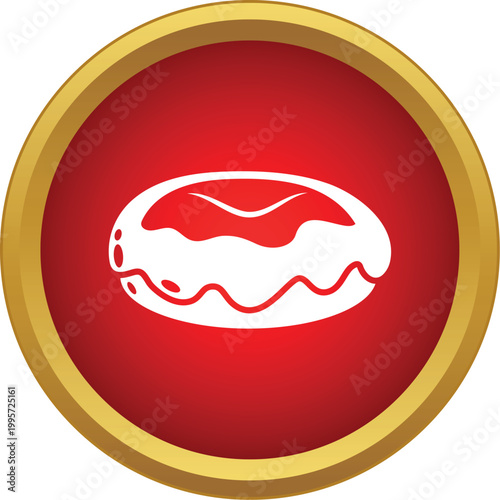 White glazed donut silhouette presented in red circle with gold border