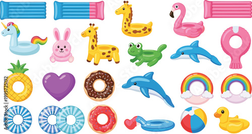 Set of colorful and fun pool float toys vector illustrations including unicorn, flamingo, donut, and more
