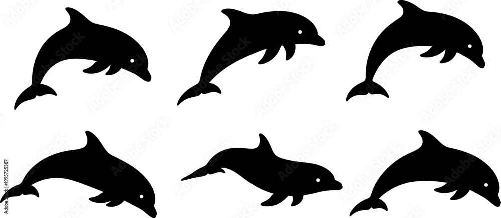 Obraz premium Six black silhouettes of jumping dolphins against a plain white background