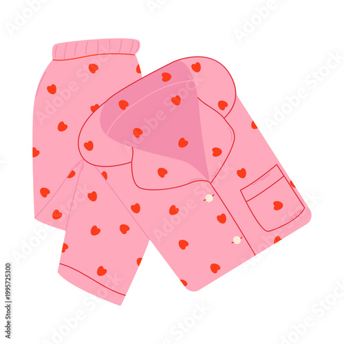 Pink pajama set with red hearts pattern, cozy sleepwear and nightwear vector illustration.