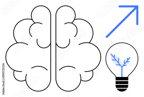 Innovation, creativity, brainstorming, knowledge growth, intellectual development, problem-solving. A brain with a lightbulb a growth symbol and an upward arrow. Innovation and creativity concepts