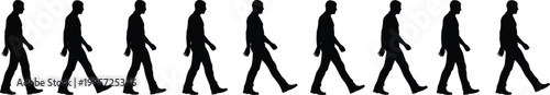 Walking man silhouette sequence showing continuous motion steps isolated on white background representing human gait cycle, movement progression and animation reference