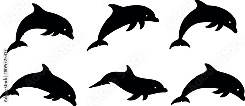 Six black silhouettes of jumping dolphins against a plain white background