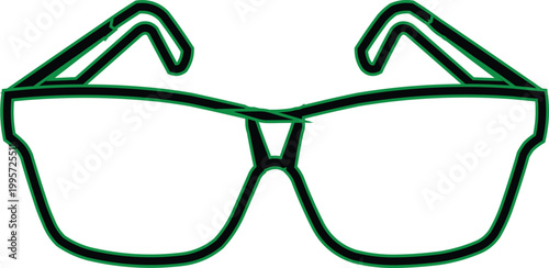 Eyeglasses are rendered as a glowing green line icon.