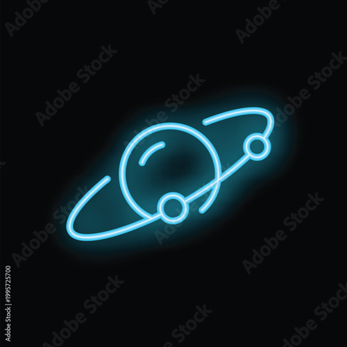 Bright blue neon sign of a planet with rings orbiting a star on a black background