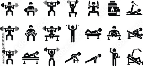 Fitness icons set showing people doing various gym exercises with dumbbells and heavy weight training equipment
