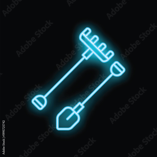 Glowing blue neon icon of a shovel and rake on a black background, perfect for representing gardening