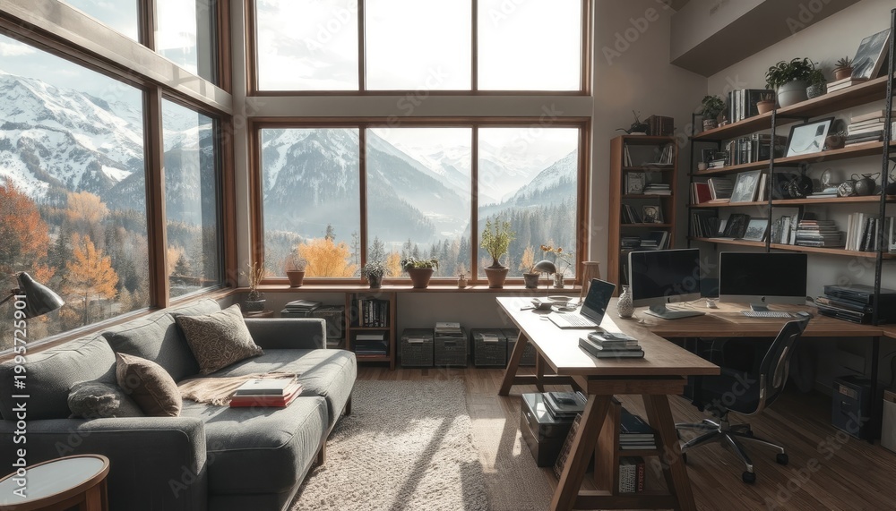 Naklejka premium Serene home office with expansive mountain views, ideal for creative retreats and focused remote work sessions