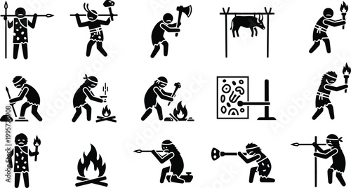 Prehistoric caveman icon set showing primitive humans with stone tools hunting animals and making camp fire